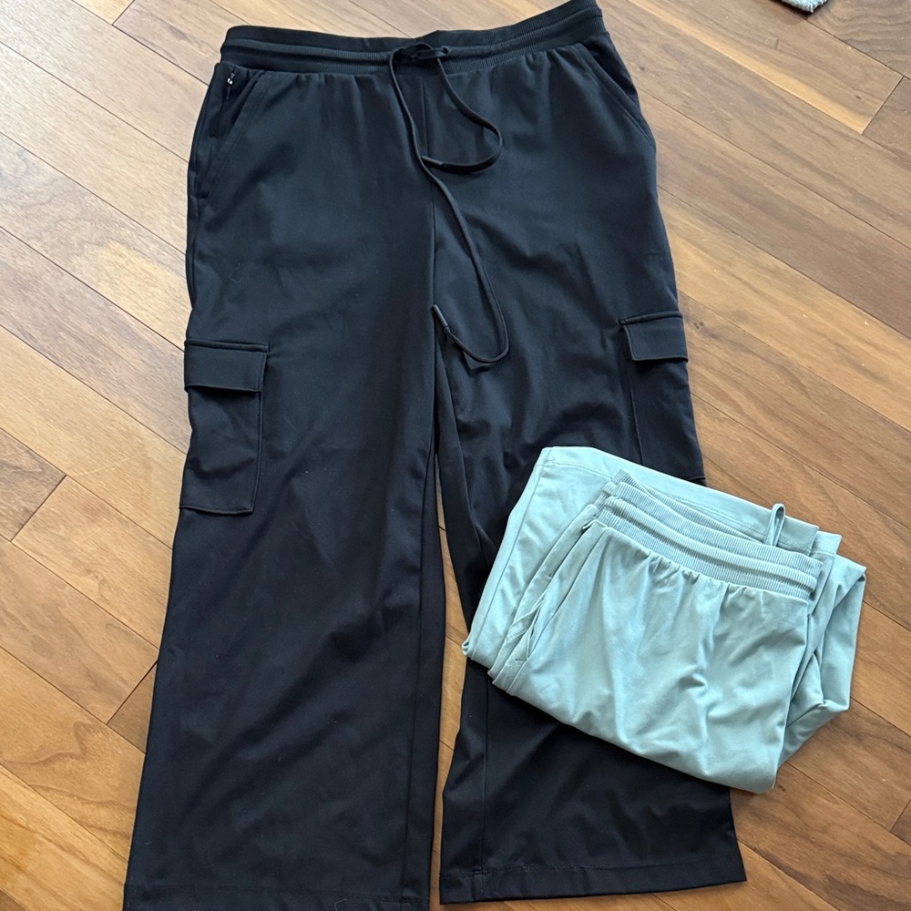 Rachel Zoe Wide Leg Cargo Pants Drawstring Waist Black & Seafoam Green Size M!